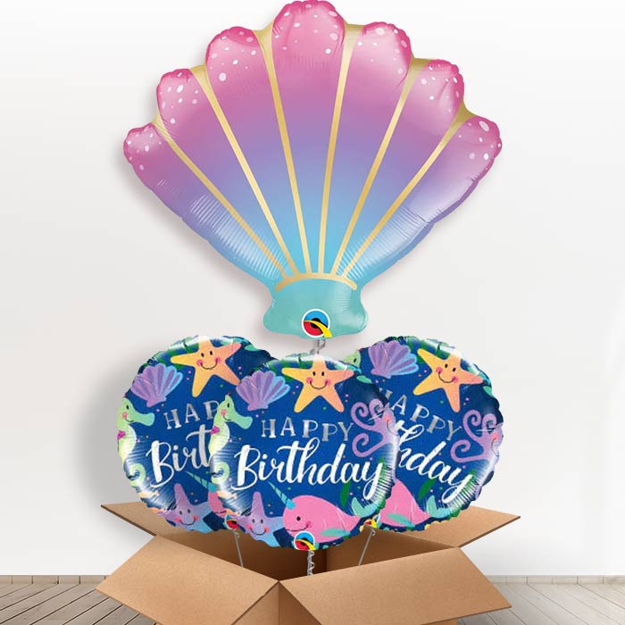 Ombre Seashell Helium Balloons in a Box - With 3 Themed Balloons | Party Save Smile