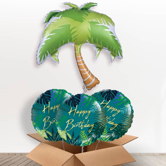 Palm Tree Tropical Helium Balloon in a Box - With 3 Themed Balloons | Party Save Smile