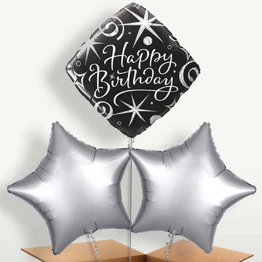 Black & Silver Happy Birthday Bunch of Balloons | Party Save Smile