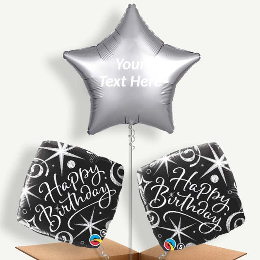 Personalisable Black & Silver Happy Birthday Helium Balloons | Party Save Smile