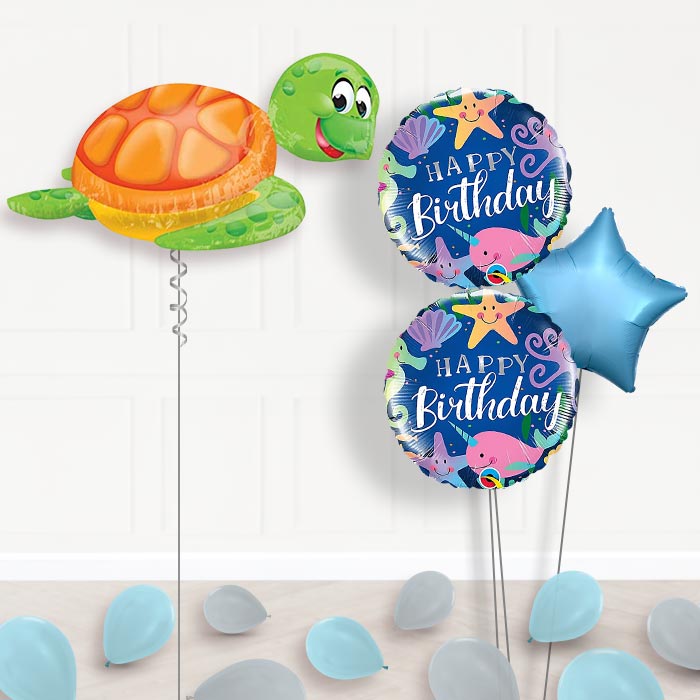 Turtle Balloon Bouquet Delivered-Giant Balloon + 2 Themed Balloons + 1 Plain Balloon + Mini Balloons 