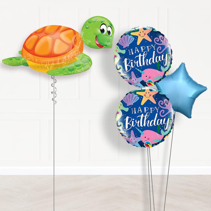 Turtle Balloon Bouquet Delivered-Giant Balloon + 2 Themed Balloons + 1 Plain Balloon 