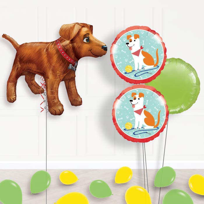 Golden Dog Balloon Bouquet in a Box-Giant Balloon + 2 Themed Balloons + 1 Plain Balloon + Mini Balloons 
