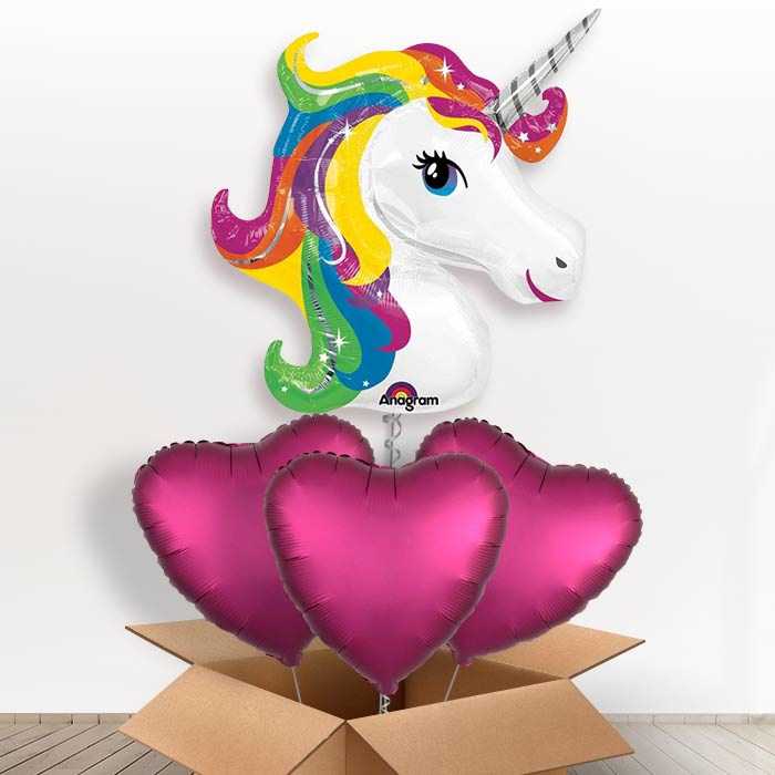 Giant Unicorn Head Helium Balloon in a Box Gift - With 3 Plain Balloons | Party Save Smile