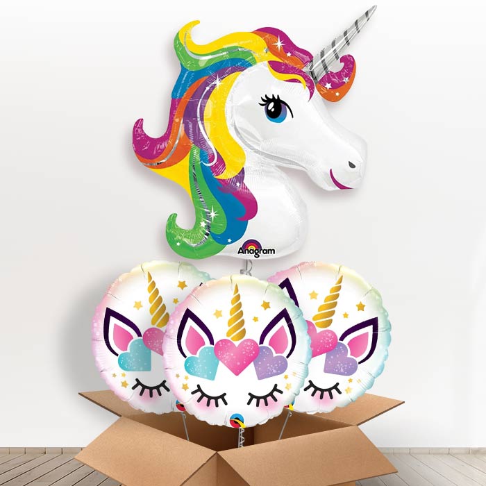 Giant Unicorn Head Helium Balloon in a Box Gift - With 3 Themed Balloons | Party Save Smile