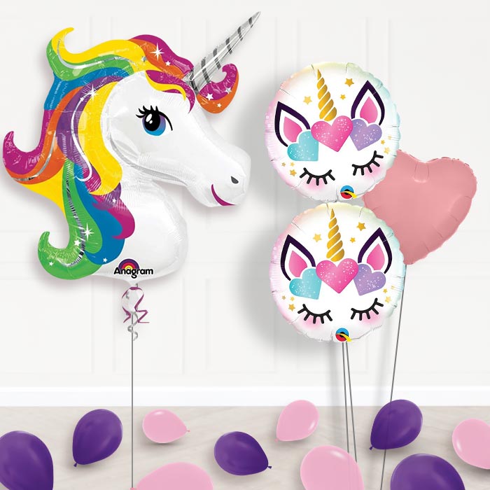 Rainbow Unicorn Balloon Bouquet in a Box-Giant Balloon + 2 Themed Balloons + 1 Plain Balloon + Mini Balloons 