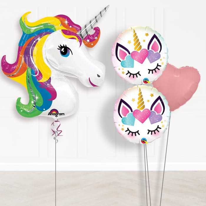 Rainbow Unicorn Balloon Bouquet in a Box-Giant Balloon + 2 Themed Balloons + 1 Plain Balloon 
