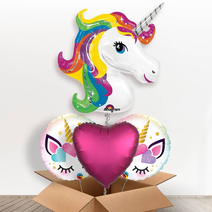 Giant Unicorn Head Helium Balloon in a Box Gift-1 x Giant Balloon and 2 Themed Balloons and 1 Plain Balloon 