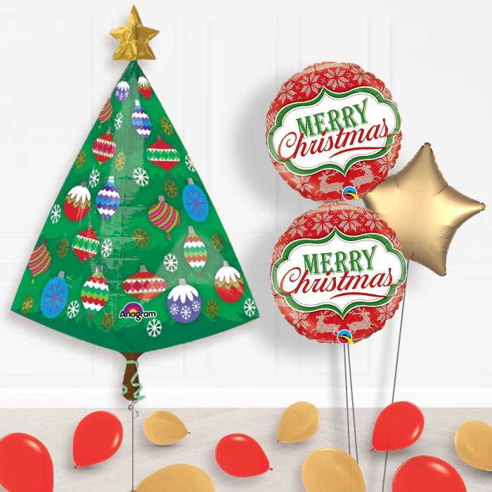 Christmas Tree Foil Balloon Bouquet in a Box-Giant Balloon + 2 Themed Balloons + 1 Plain Balloon + Mini Balloons 