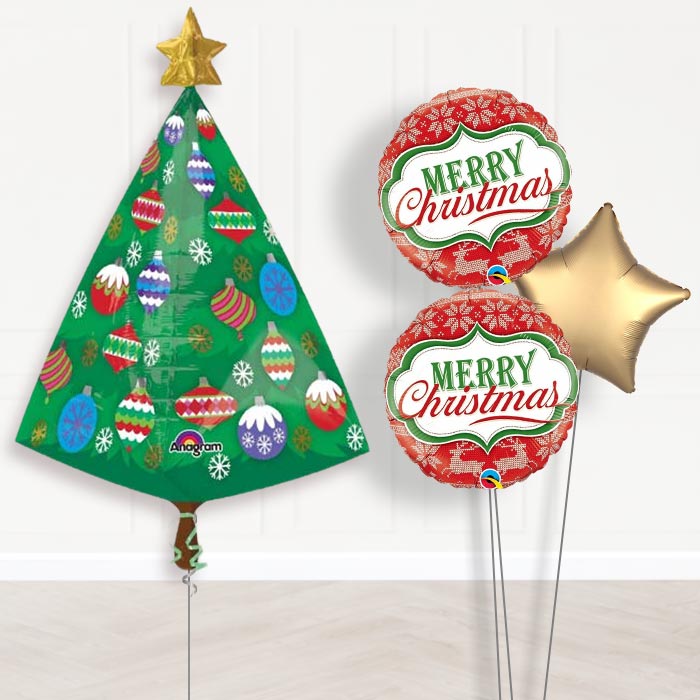Christmas Tree Foil Balloon Bouquet in a Box-Giant Balloon + 2 Themed Balloons + 1 Plain Balloon 