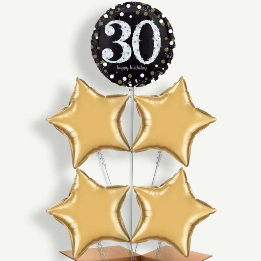 Black & Gold 30th Birthday Helium Cluster Balloons | Party Save Smile
