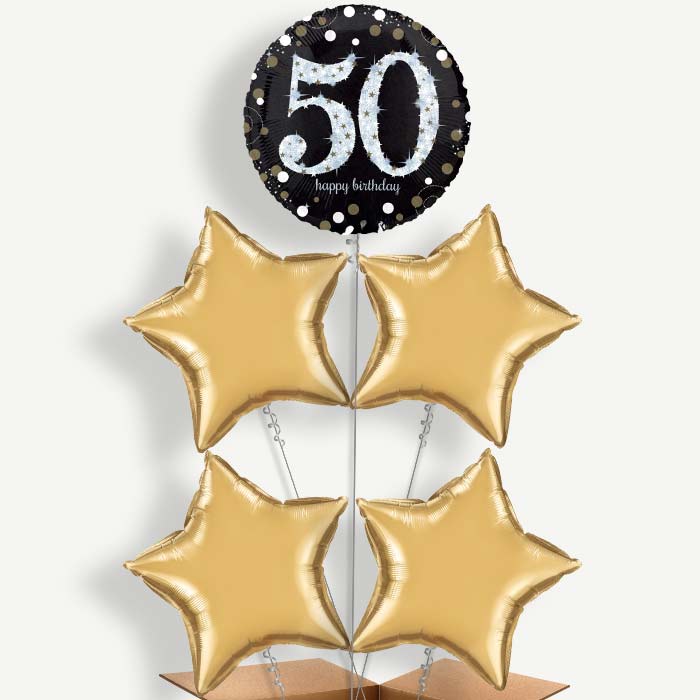 Gold 50th Birthday Balloon Cluster Inflated with Helium | Party Save Smile