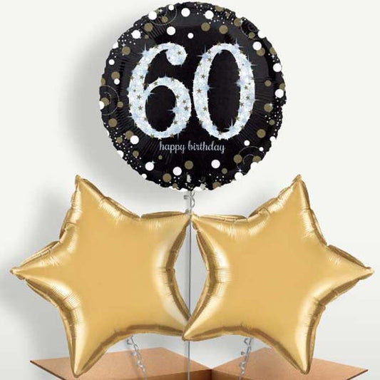 Gold 60th Birthday Trio Balloon Bunch inflated with Helium | Party Save Smile
