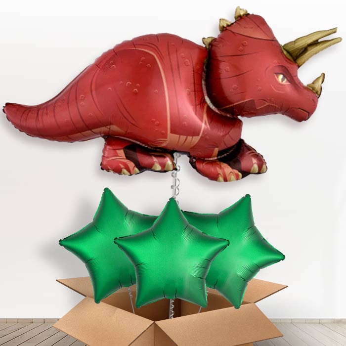 Red Triceratops Helium Balloon in a Box - with 3 Plain Balloons | Party Save Smile