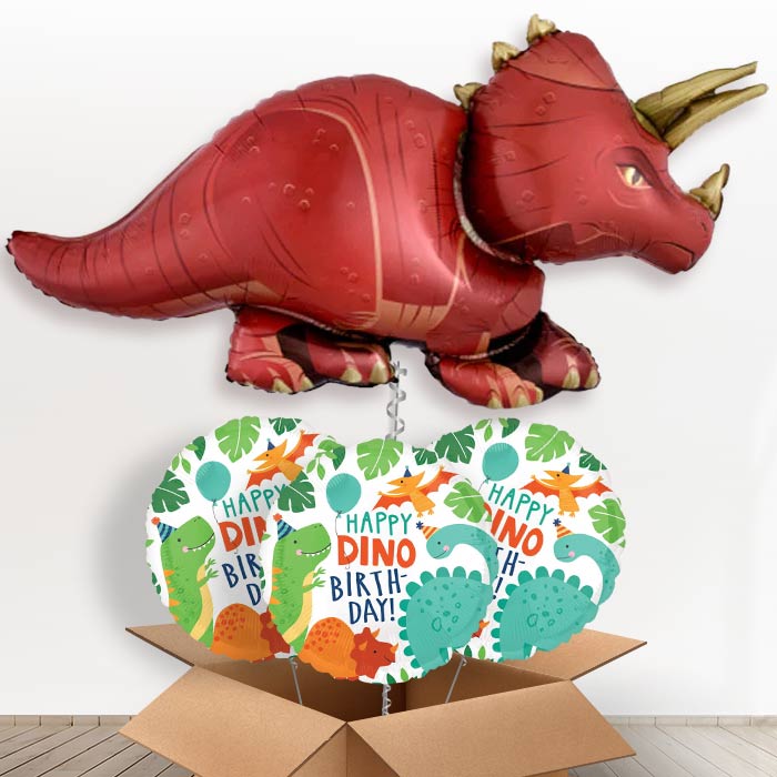 Red Triceratops Helium Balloon in a Box - with 3 Themed Balloons | Party Save Smile