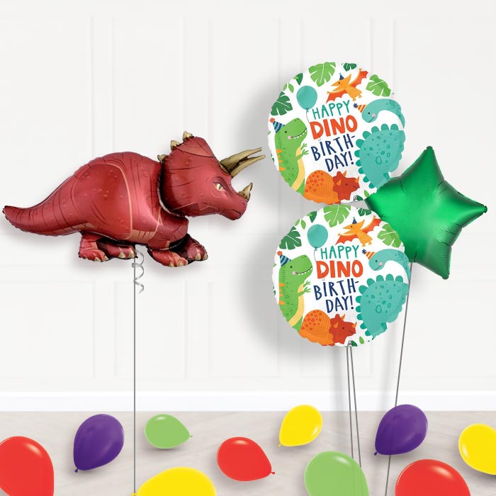 Red Triceratops Balloon Bouquet Delivery-Giant Balloon + 2 Themed Balloons + 1 Plain Balloon + Mini Balloons 