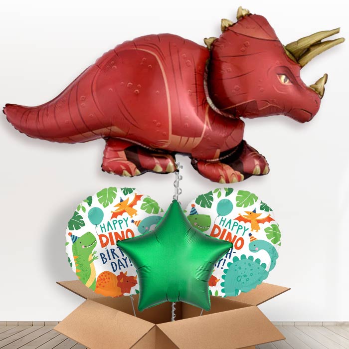 Red Triceratops Helium Balloon in a Box-1 x Giant Balloon and 2 Themed Balloons and 1 Plain Balloon 