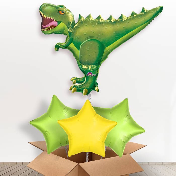 Green T-Rex Helium Balloon in a Box - With 3 Plain Balloons | Party Save Smile