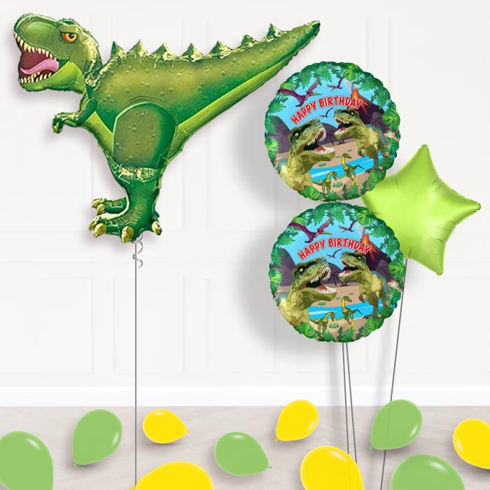 Green T-Rex Dinosaur Helium Balloon Delivered-Giant Balloon + 2 Themed Balloons + 1 Plain Balloon + Mini Balloons 