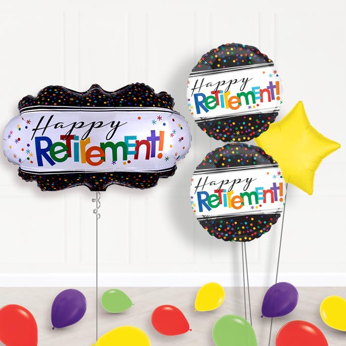 Officially Retired Retirement Balloon Bouquet Delivery-Giant Balloon + 2 Themed Balloons + 1 Plain Balloon + Mini Balloons 