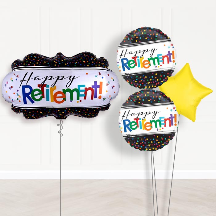 Officially Retired Retirement Balloon Bouquet Delivery-Giant Balloon + 2 Themed Balloons + 1 Plain Balloon 