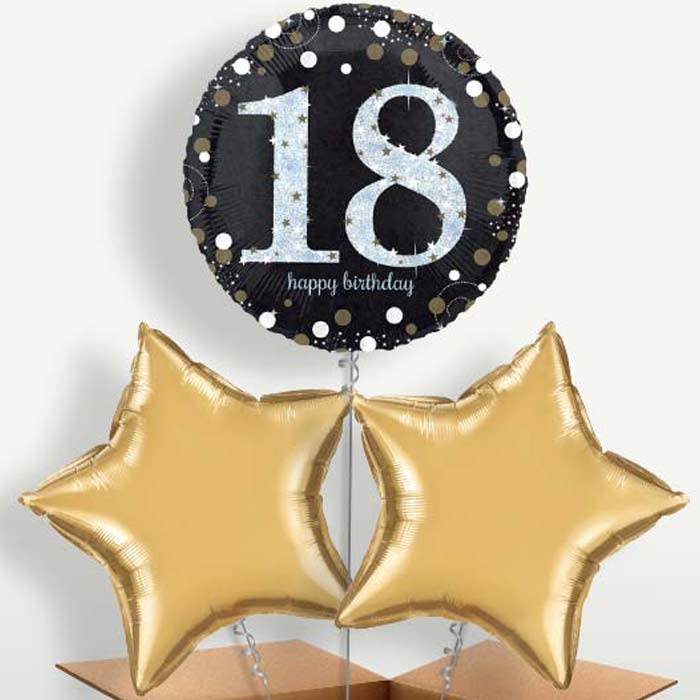 Gold 18th Birthday Trio Balloon Bunch inflated with Helium | Party Save Smile