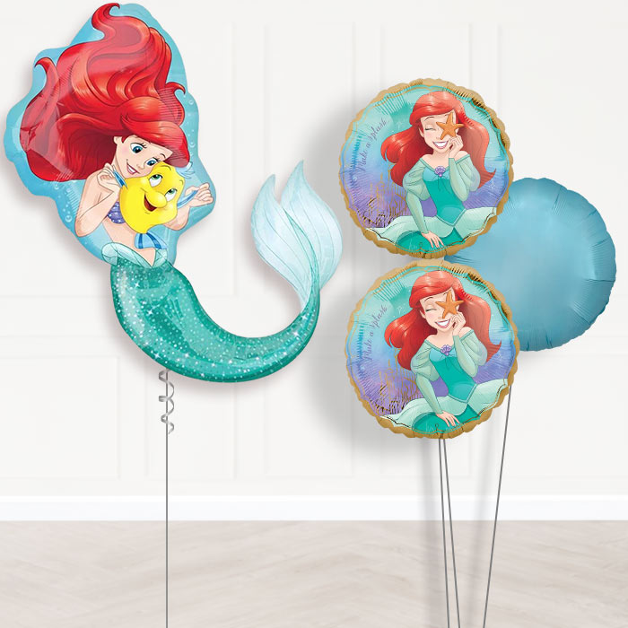 Little Mermaid Helium Balloon Bouquet Delivered-Giant Balloon + 2 Themed Balloons + 1 Plain Balloon 