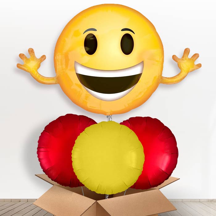 Giant Smiling Emoji Helium Balloon in a Box - With 3 Plain Balloons | Party Save Smile