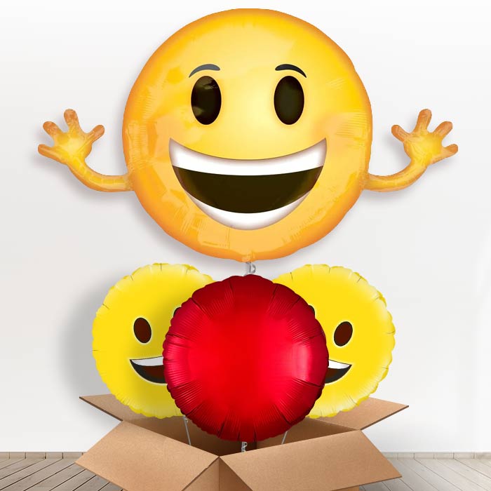 Giant Smiling Emoji Helium Balloon in a Box-1 x Giant Balloon and 2 Themed Balloons and 1 Plain Balloon 