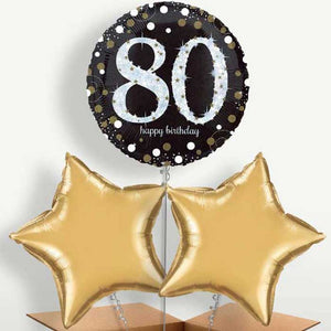 Gold 80th Birthday Bunch of Balloons Inflated with Helium (Trio)