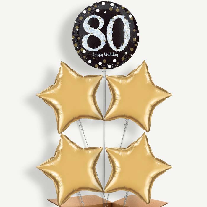 Gold 80th Birthday Balloon Cluster Inflated with Helium | Party Save Smile