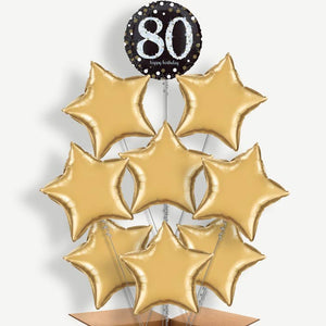 Gold 80th Birthday 9 Balloon Bundle Inflated with Helium