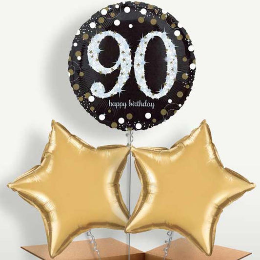 Gold 90th Birthday Trio Balloon Bunch inflated with Helium | Party Save Smile