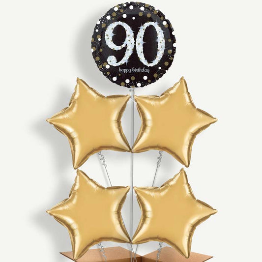 Gold 90th Birthday Balloon Cluster Inflated with Helium | Party Save Smile