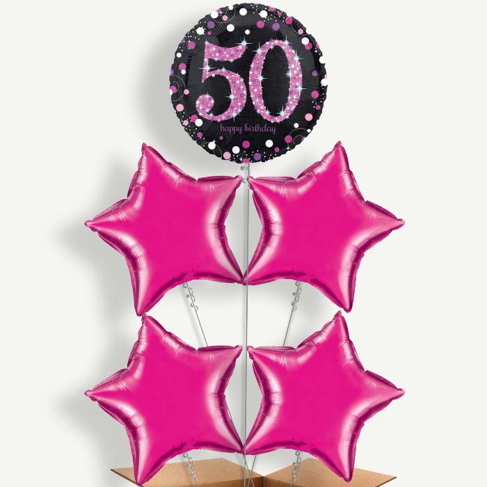 Pink 50th Birthday Balloon Cluster Inflated with Helium | Party Save Smile