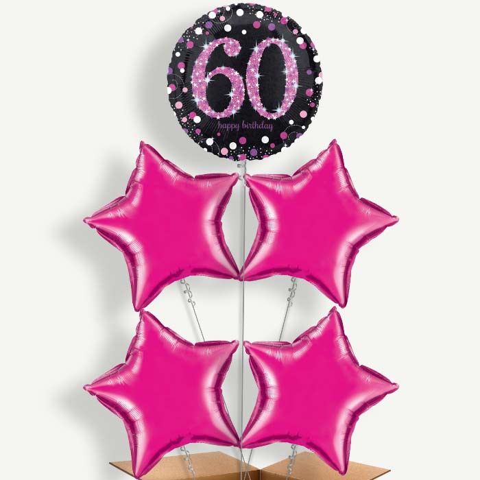 Pink 60th Birthday Balloon Cluster Inflated with Helium | Party Save Smile