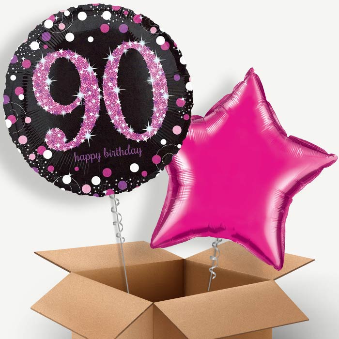 Pink Sparkle Happy 90th Birthday Helium Balloon Couple | Party Save Smile