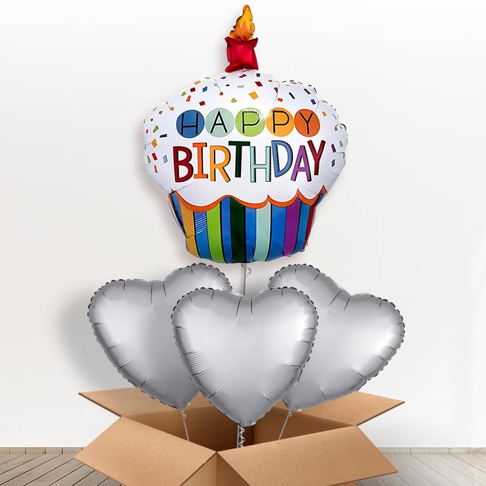 Rainbow Cupcake Giant Helium Balloon in a Box Gift - With 3 Plain Balloons | Party Save Smile