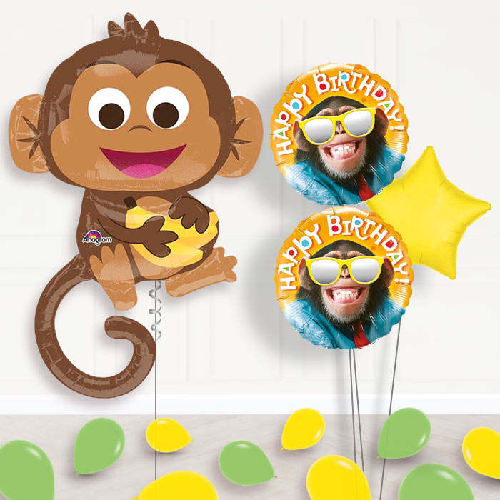 Monkey Helium Balloon Bouquet Delivered-Giant Balloon + 2 Themed Balloons + 1 Plain Balloon + Mini Balloons 