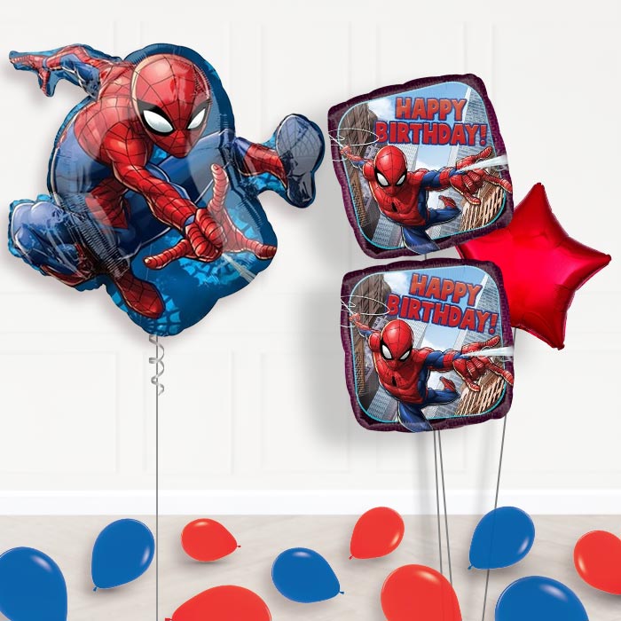Spiderman Helium Balloon Bouquet Delivery-Giant Balloon + 2 Themed Balloons + 1 Plain Balloon + Mini Balloons 