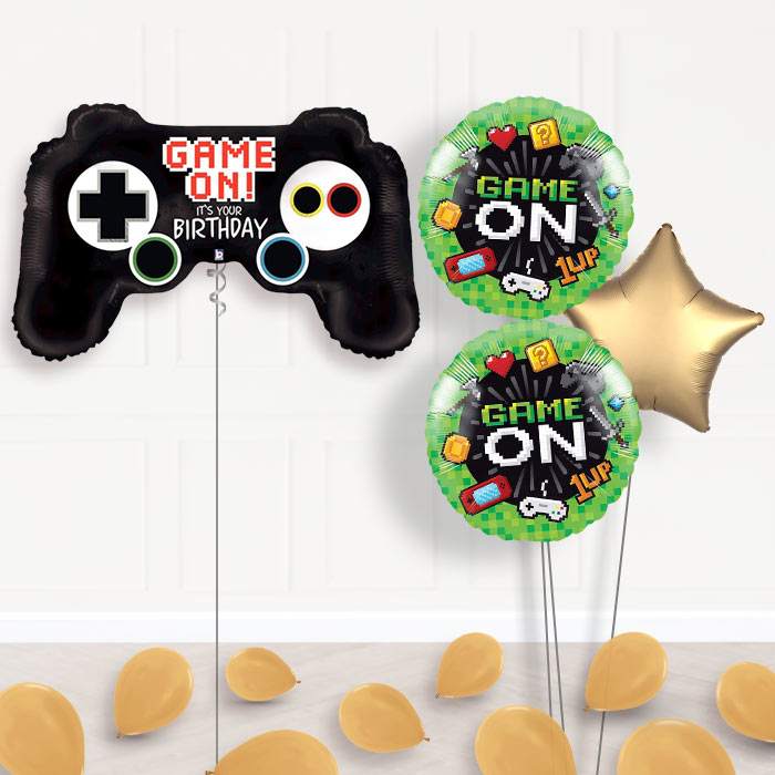 Video Game Controller Balloon Bouquet-Giant Balloon + 2 Themed Balloons + 1 Plain Balloon + Mini Balloons 
