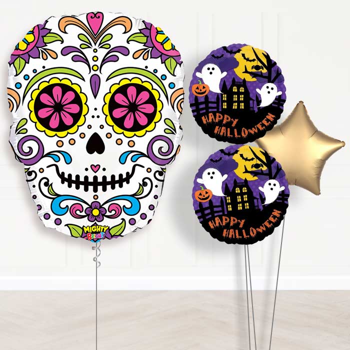 Giant Skull Day of the Dead Helium Balloons in a Box-Giant Balloon + 2 Themed Balloons + 1 Plain Balloon 