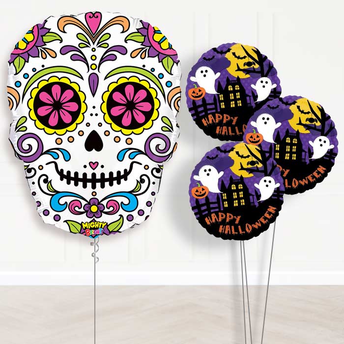Giant Skull Day of the Dead Helium Balloons in a Box - Themed Bouquet | Party Save Smile