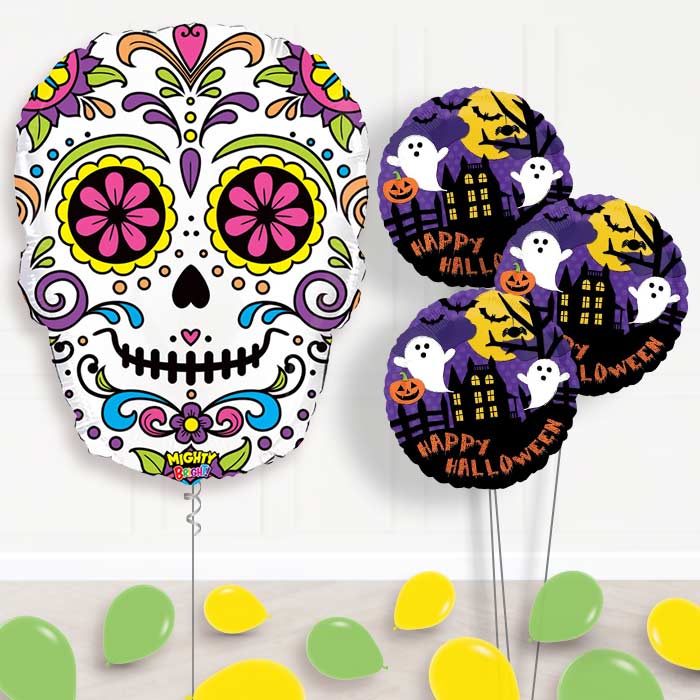 Giant Skull Day of the Dead Helium Balloons in a Box - Themed Bouquet and Latex | Party Save Smile