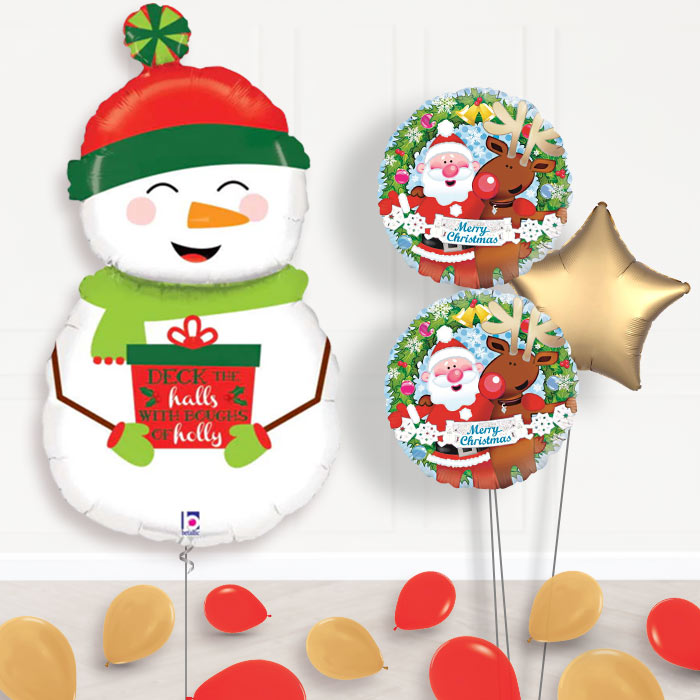 Snowman Balloon Bouquet Christmas Helium Balloons-Giant Balloon + 2 Themed Balloons + 1 Plain Balloon + Mini Balloons 