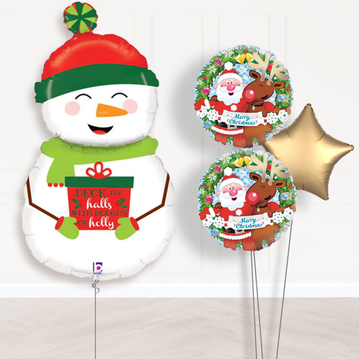 Snowman Balloon Bouquet Christmas Helium Balloons Delivered-Giant Balloon + 2 Themed Balloons + 1 Plain Balloon 