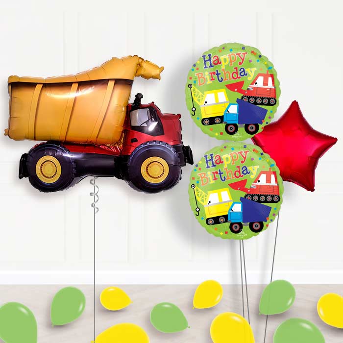 Dump Truck Inflated Helium Balloons Delivered-Giant Balloon + 2 Themed Balloons + 1 Plain Balloon + Mini Balloons 