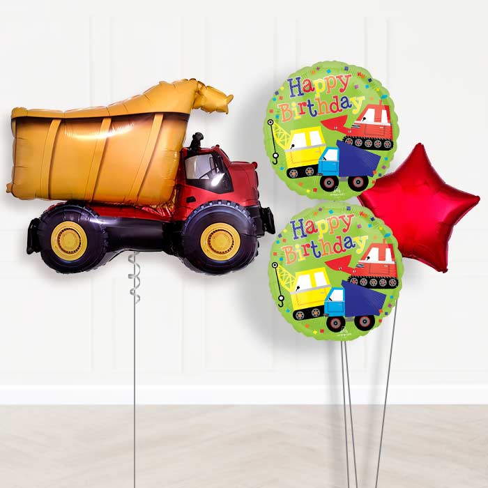 Dump Truck Inflated Helium Balloons Delivered-Giant Balloon + 2 Themed Balloons + 1 Plain Balloon 