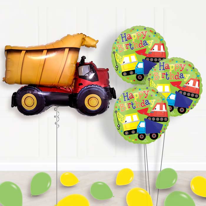 Dump Truck Inflated Helium Balloons Delivered - Themed Bouquet with Latex | Party Save Smile