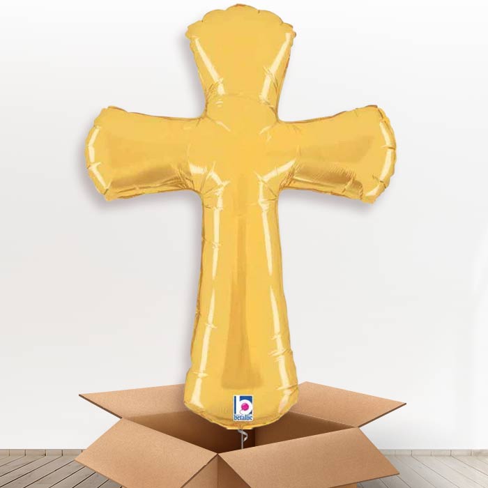 Gold Cross Shaped Helium Balloon in a Box - 1 x Giant Balloon | Party Save Smile